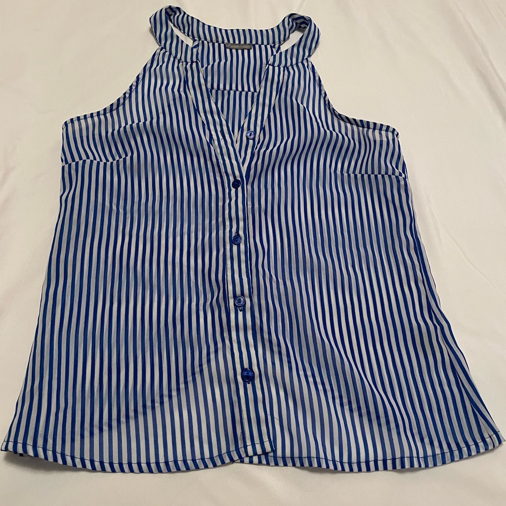Blue/white striped tank with open back, size S
